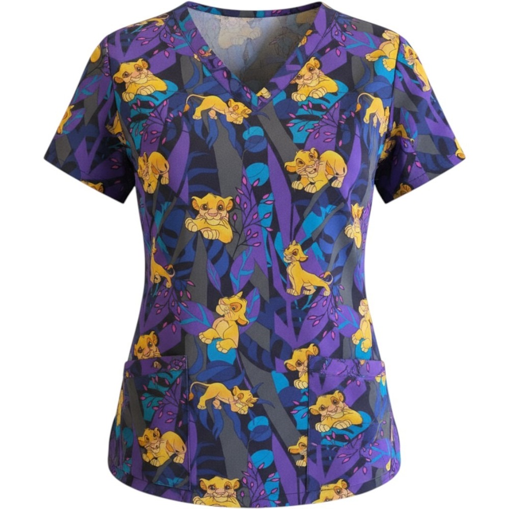 Disney Lion King Simba Scrub Top V-Neck Medical Uniform Purple Blue Women Large
